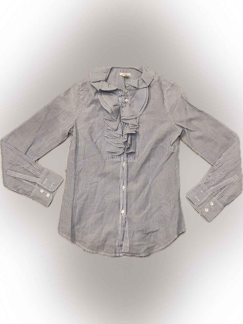 J. Crew Women’s Navy & White Striped Ruffle Front Button-Down Shirt